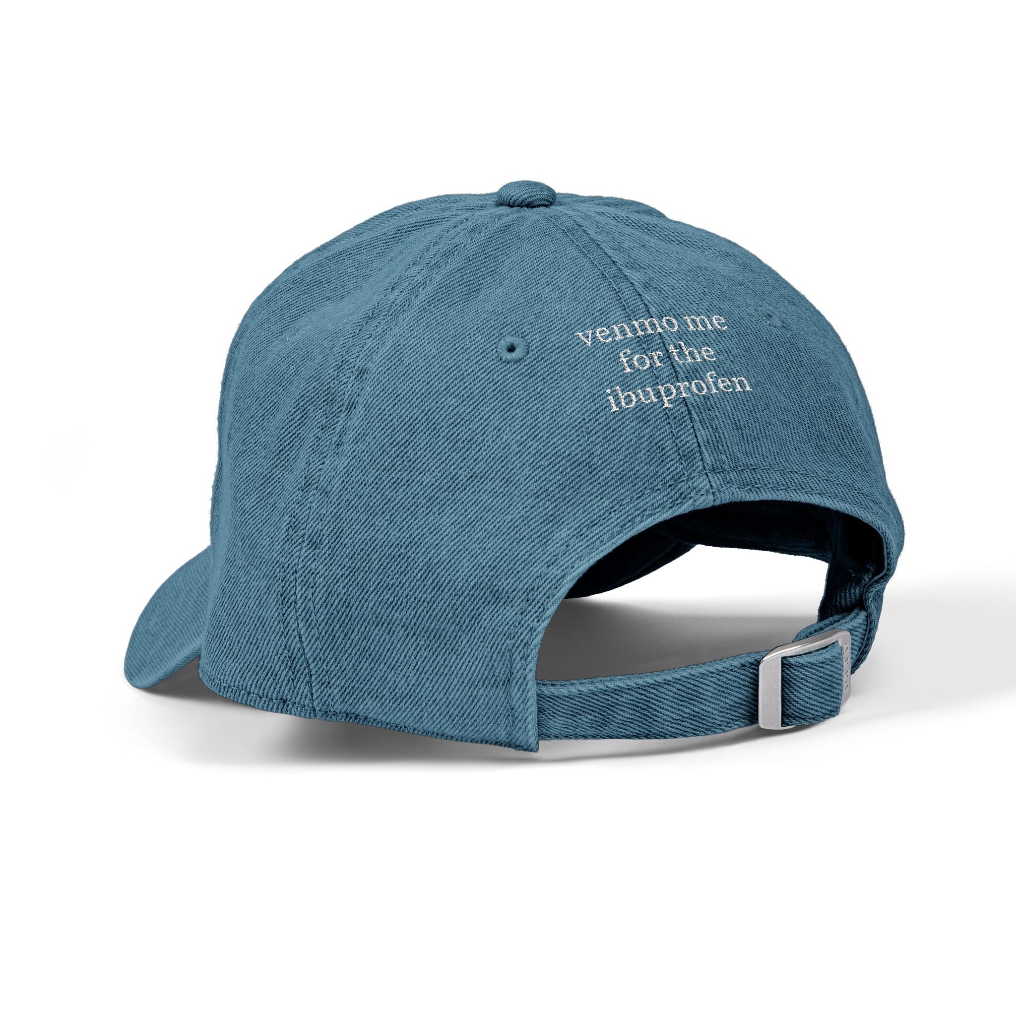 PCOS Awareness Denim Dad Hat — "having pcos means pcosplaying being okay (i'm not okay)" with Back: "venmo me for the ibuprofen"